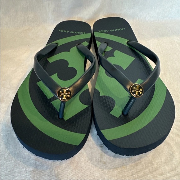 Tory Burch Black and Green Logo Flip Flops 7 - Picture 2 of 13